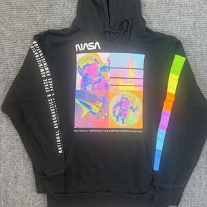 Hyper Space NASA Hoodie S Black Neon Pop Art Graphic Astronaut Shuttle Pullover